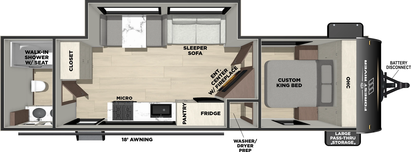 The Vibe 2600RB floorplan has one entry and one slide out. Exterior features include: fiberglass exterior and 18' awning. Interiors features include: front bedroom and rear bathroom.